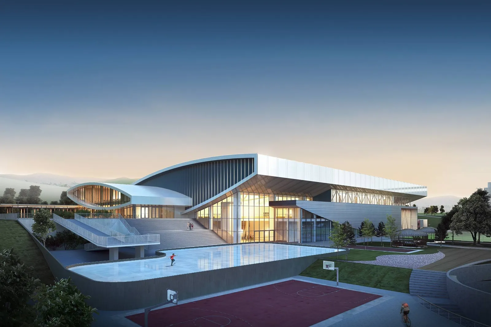Steppe Arena's sweeping curved roof and glowing glazed entrance volume